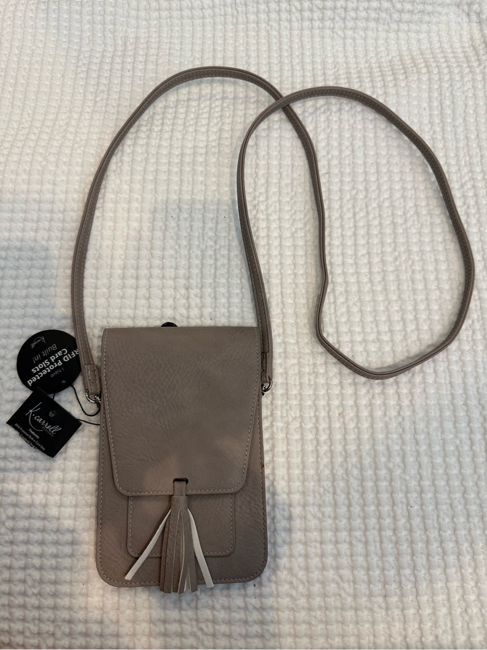 K.Carroll RFID protected Taupe Crossbody Phone Bag with Tassel